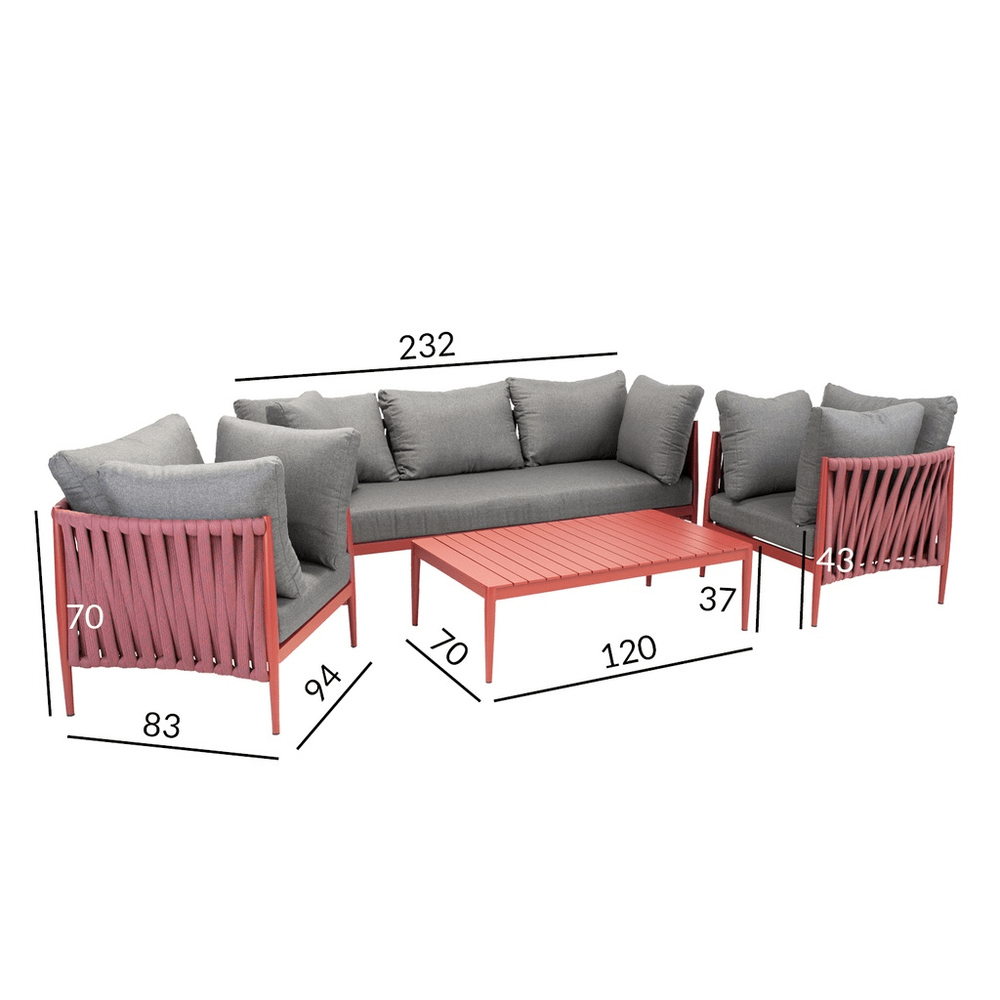 Puutarharyhmä BREMEN pöytä, sohva + 2 tuolia, alurunko polyrottingilla, roosa/tummanharmaa