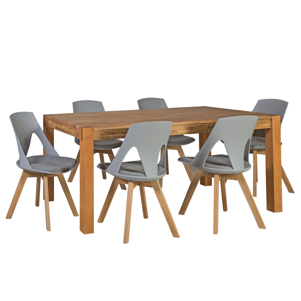 Ruokailuryhmä CHICAGO NEW pöytä + 6 tuolia, viilutettu puurunko, tammijalat, vaaleanharmaa