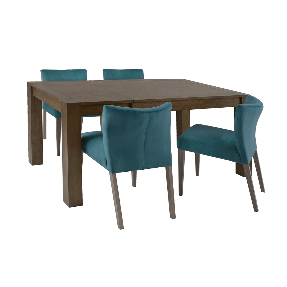 Ruokailuryhmä TURIN pöytä + 4 tuolia, tammirunko, jatkettava, vihreä
