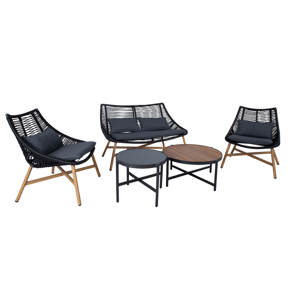 Puutarharyhmä HELSINKI sohva + 2 tuolia + 2 pöytää, alurunko polyrottingilla, tummanharmaa