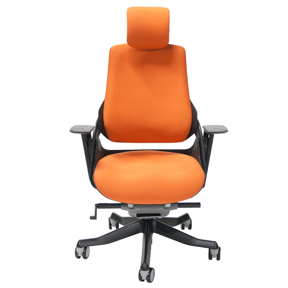 Työtuoli WAU niskatuellinen, tyylikäs, kestävä, ergonominen, monipuoliset säädöt, oranssi / musta