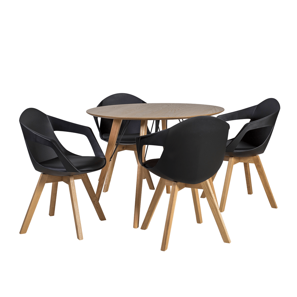 Ruokailuryhmä HELENA pöytä + 4 tuolia, tammirunko, viilutettu, musta/ruskea