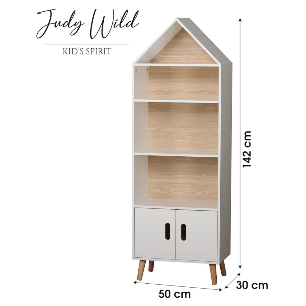 Judy Wild Kid's Spirit Lasten kirjahylly 5 tasolla ja ovilla 50x30xK142cm, mäntyjalat, beige/valkoinen