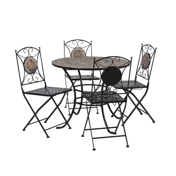 Puutarharyhmä MOSAIC pöytä + 4 tuolia, metallirunko, mosaiikkilevy, kokoontaitettava, musta/kupari