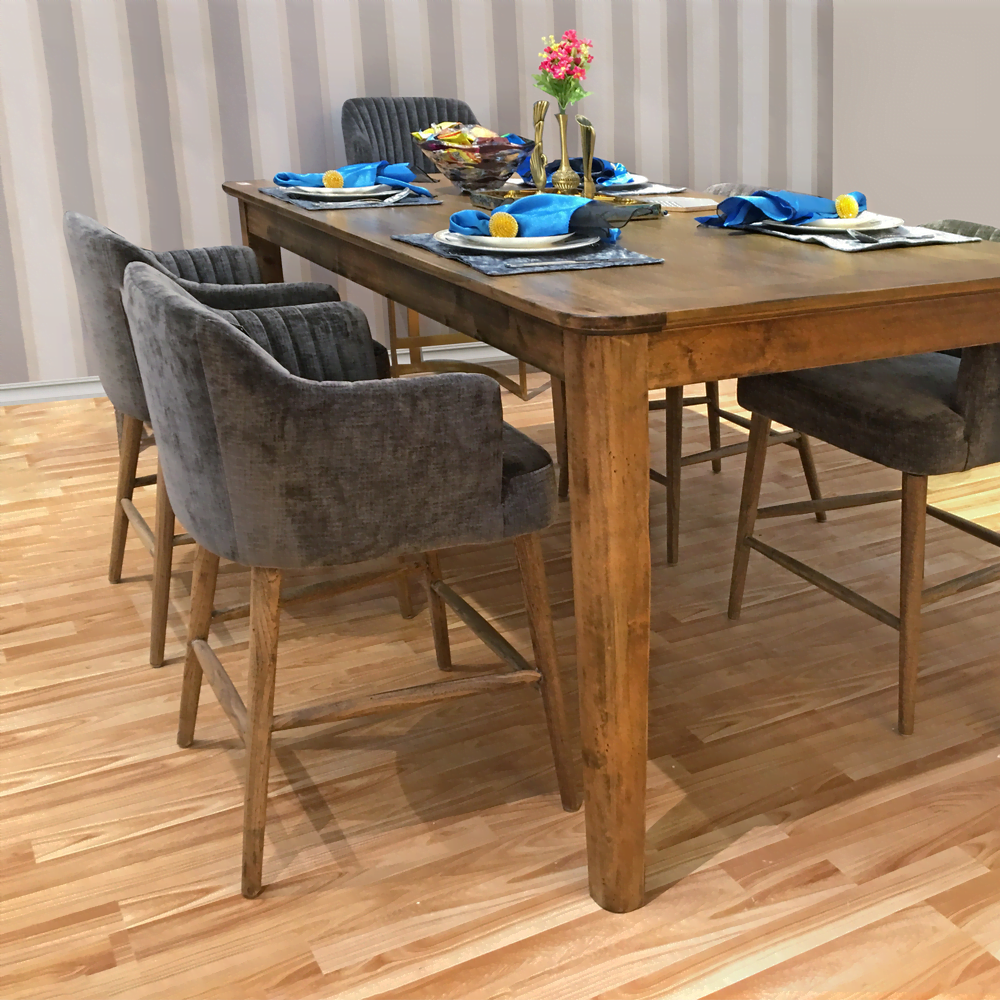 Baariryhmä THOMAS pöytä + 6 tuolia, puurunko, samettiverhoilu, harmaa/ruskea