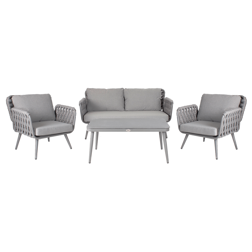 Puutarharyhmä ASCONA pöytä, sohva ja 2 tuolia, alurunko polyrottingilla, harmaa