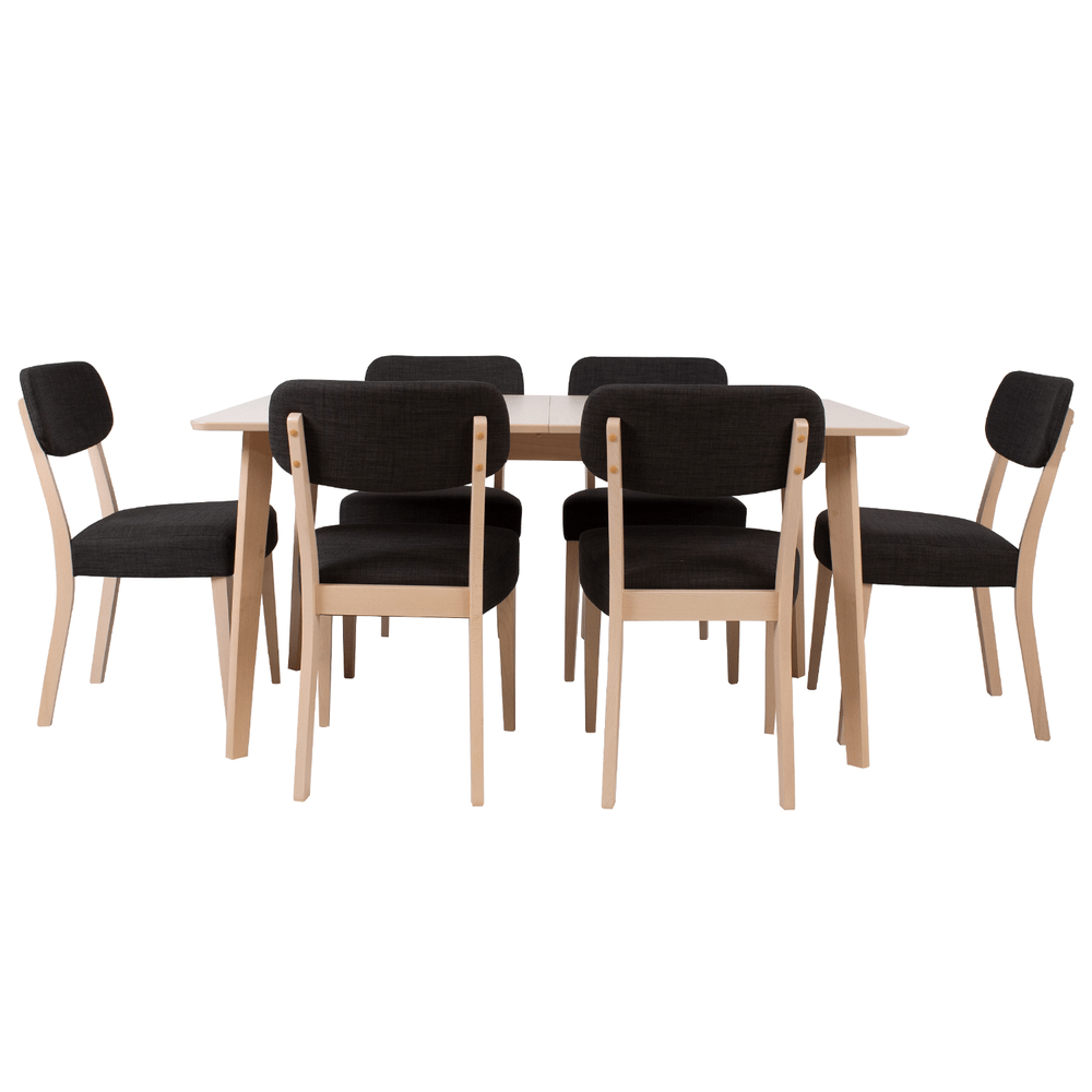 Ruokailuryhmä ADORA pöytä + 6 tuolia , pyökkirunko, kangasverhoilu, tummanharmaa