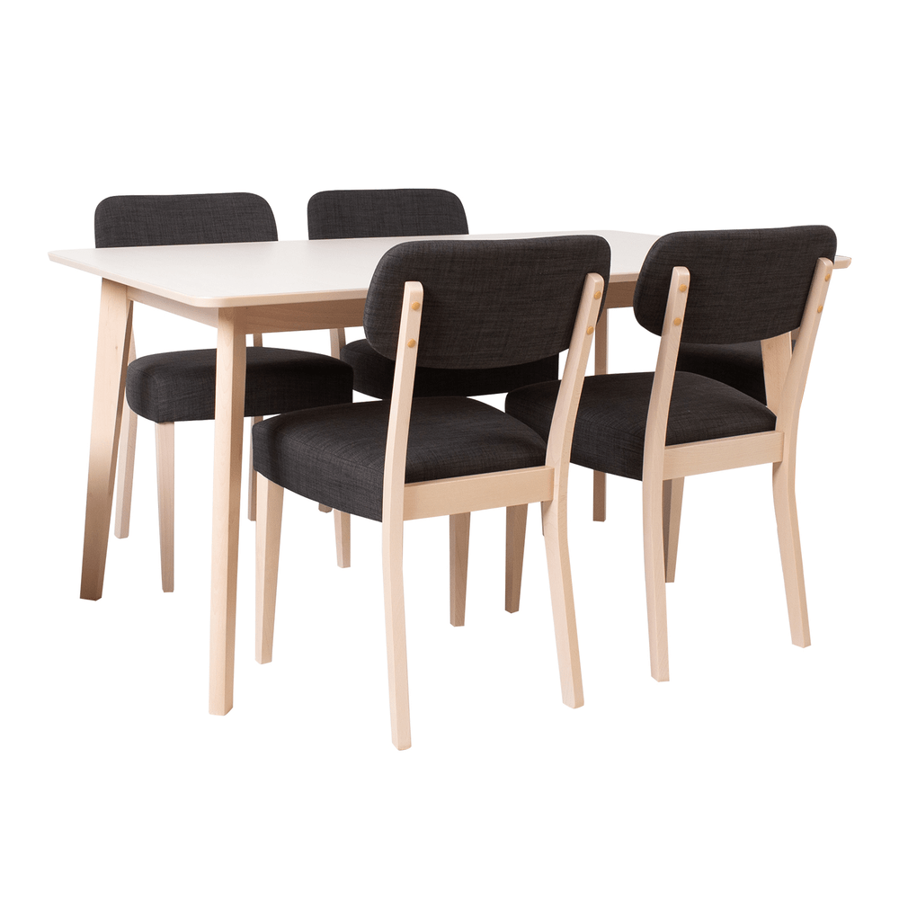 Ruokailuryhmä ADORA pöytä + 4 tuolia, pyökkirunko, kangasverhoilu, tummanharmaa