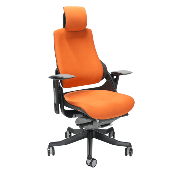Työtuoli WAU niskatuellinen, tyylikäs, kestävä, ergonominen, monipuoliset säädöt, oranssi / musta