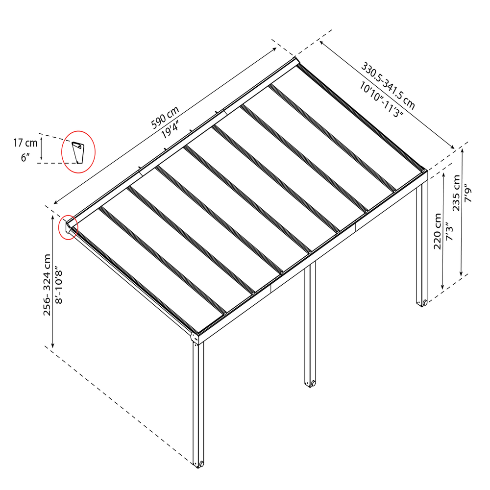Palram - Canopia STOCKHOLM terassikatos 3.4 x 5.9 m, antrasiitti Sis. Kattokaihtimet