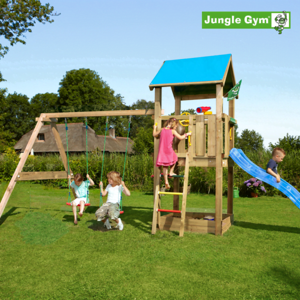 Jungle Gym Castle leikkitornikokonaisuus ja Swing Module X'tra sekä liukumäki