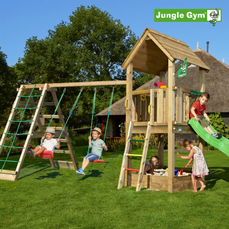 Jungle Gym Club leikkitornikokonaisuus ja Climb Module X'tra sekä liukumäki