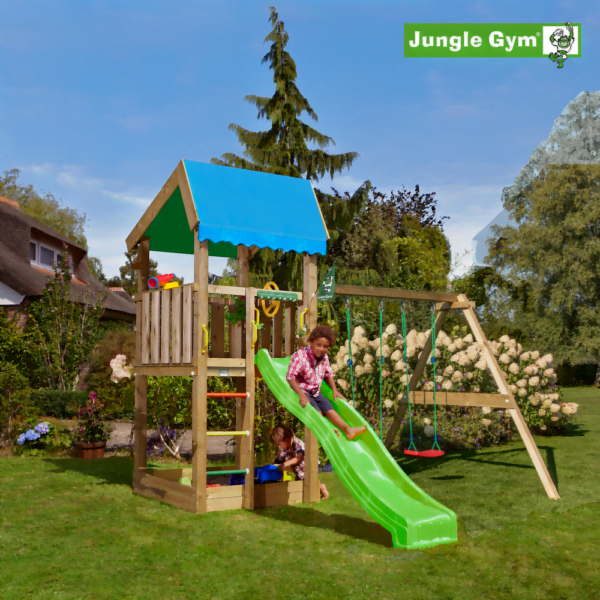 Jungle Gym Home leikkitornikokonaisuus ja Swing Module X'tra sekä liukumäki
