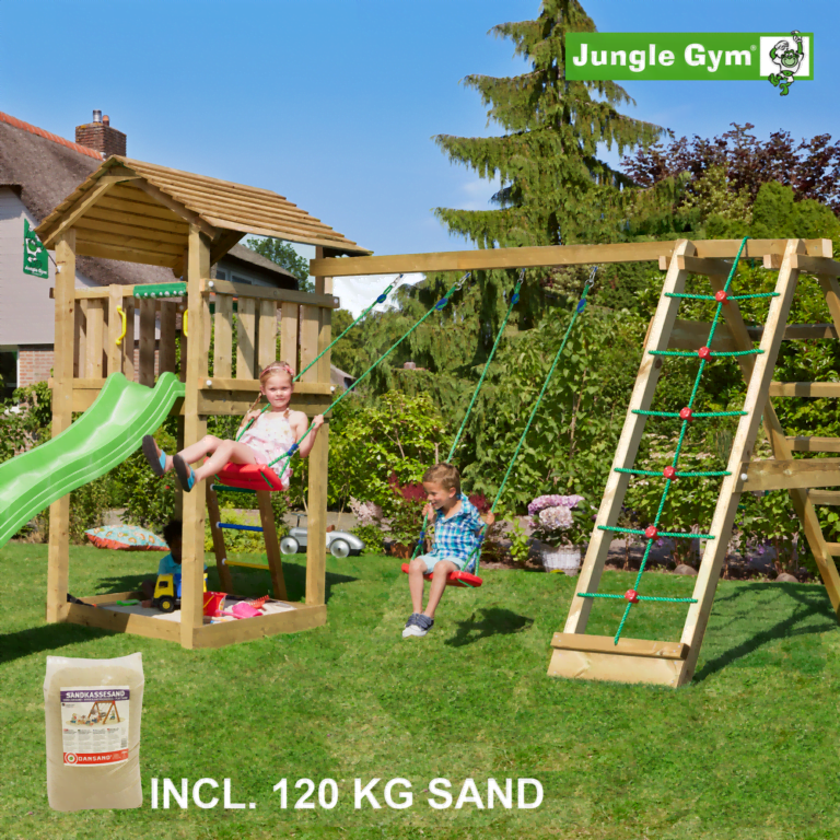 Jungle Gym Cottage leikkitornikokonaisuus ja Climb Module X'tra, 120 kg hiekkaa sekä vihreä liukumäki