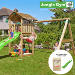 Jungle Gym Cottage leikkitornikokonaisuus ja Swing Module X'tra, 120 kg hiekkaa sekä vihreä liukumäki