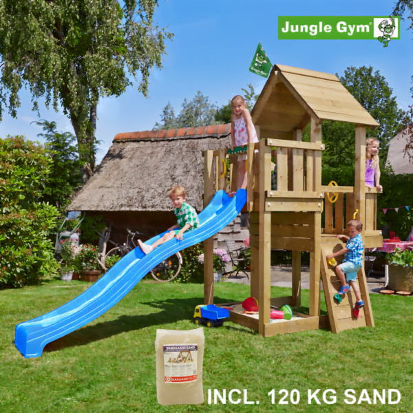 Jungle Gym Cubby leikkitornikokonaisuus ja 120 kg hiekkaa sekä sininen liukumäki