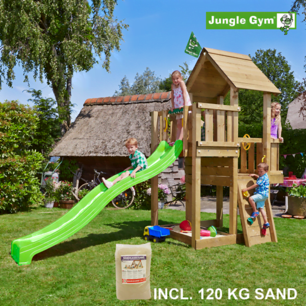 Jungle Gym Cubby leikkitornikokonaisuus ja 120 kg hiekkaa sekä vihreä liukumäki