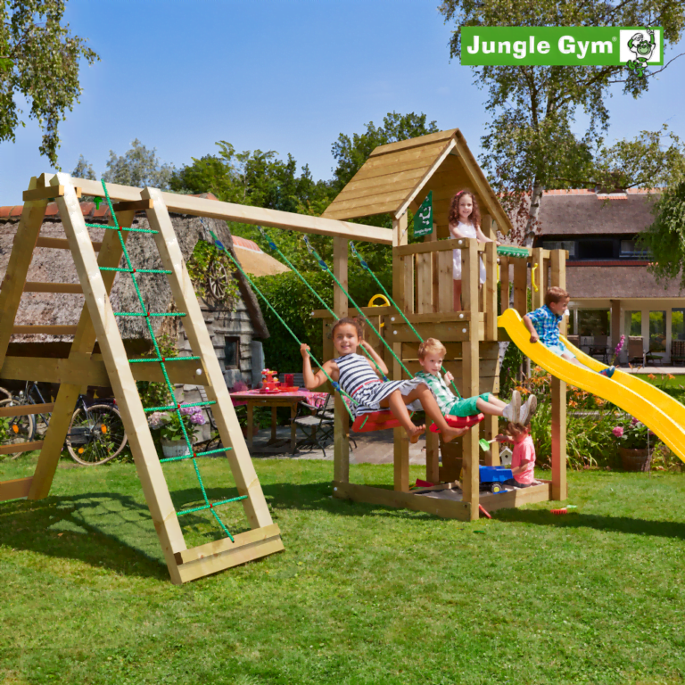 Jungle Gym Cubby leikkitornikokonaisuus ja Climb Module X'tra sekä liukumäki