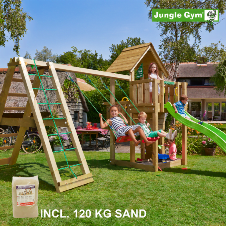 Jungle Gym Cubby leikkitornikokonaisuus ja Climb Module X'tra, 120 kg hiekkaa sekä vihreä liukumäki