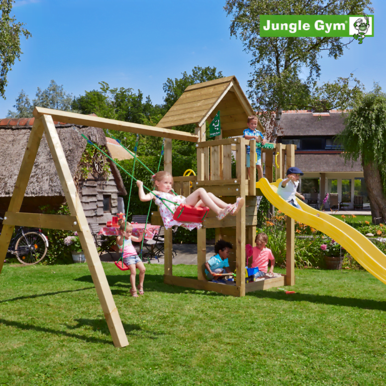 Jungle Gym Cubby leikkitornikokonaisuus ja Swing Module X'tra sekä liukumäki