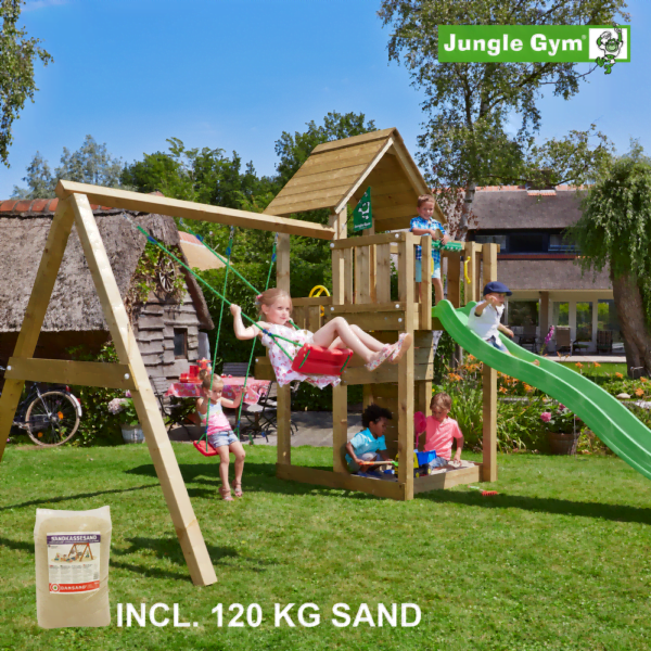 Jungle Gym Cubby leikkitornikokonaisuus ja Swing Module X'tra, 120 kg hiekkaa sekä vihreä liukumäki