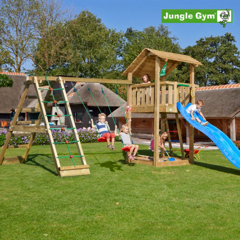 Jungle Gym Shelter leikkitornikokonaisuus ja Climb Module X'tra sekä liukumäki