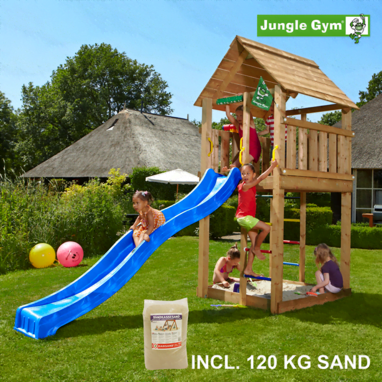 Jungle Gym Cabin leikkitornikokonaisuus ja 120 kg hiekkaa sekä sininen liukumäki