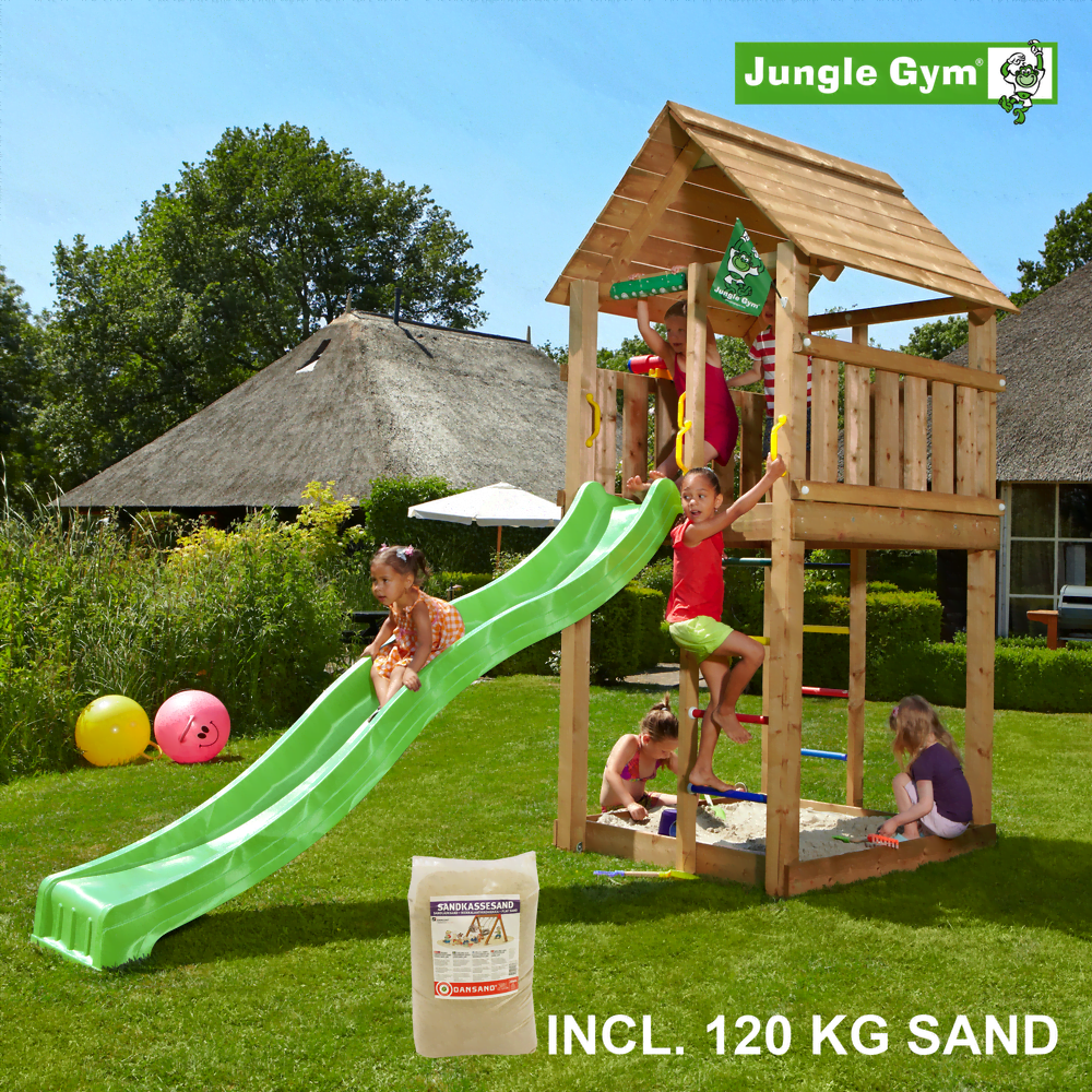 Jungle Gym Cabin leikkitornikokonaisuus ja 120 kg hiekkaa sekä vihreä liukumäki