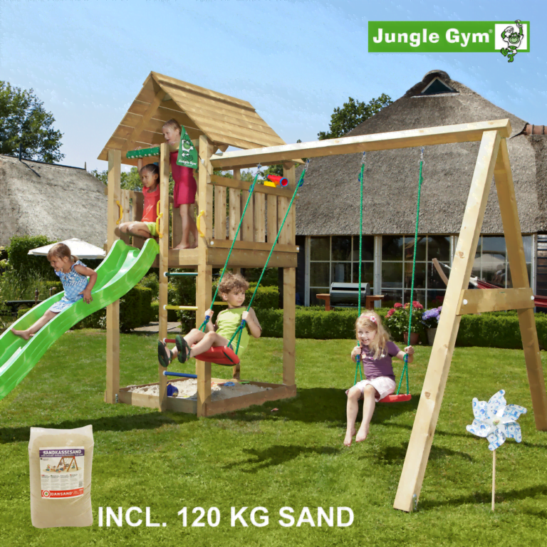 Jungle Gym Cabin leikkitornikokonaisuus ja Swing Module X'tra, 120 kg hiekkaa sekä vihreä liukumäki