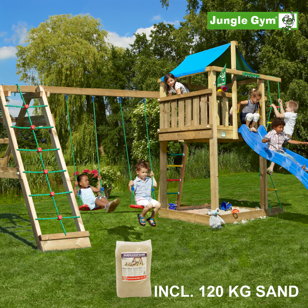 Jungle Gym Lodge leikkitornikokonaisuus ja Climb Module X'tra, 120 kg hiekkaa sekä sininen liukumäki
