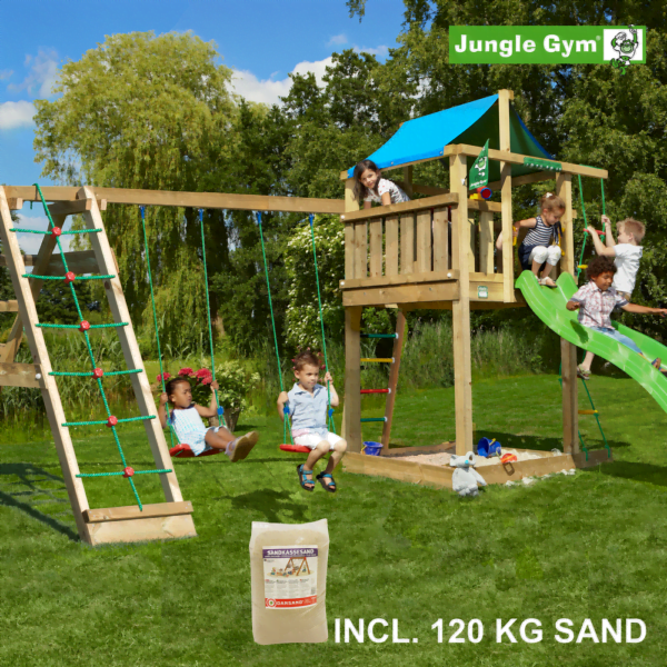 Jungle Gym Lodge leikkitornikokonaisuus ja Climb Module X'tra, 120 kg hiekkaa sekä vihreä liukumäki