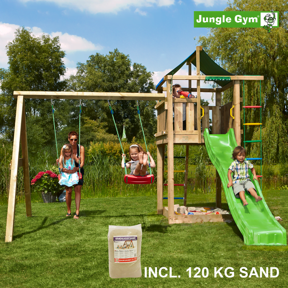 Jungle Gym Lodge leikkitornikokonaisuus ja Swing Module X'tra, 120 kg hiekkaa sekä vihreä liukumäki