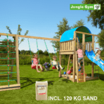 Jungle Gym Villa leikkitornikokonaisuus ja Climb Module X'tra, 120 kg hiekkaa sekä sininen liukumäki