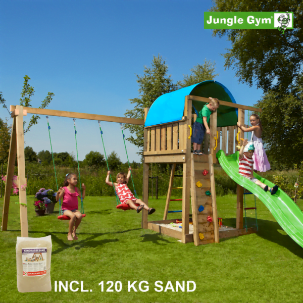 Jungle Gym Villa leikkitornikokonaisuus ja Swing Module X'tra, 120 kg hiekkaa sekä vihreä liukumäki