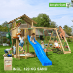 Jungle Gym Chalet leikkitornikokonaisuus ja Climb Module X'tra, 120 kg hiekkaa sekä sininen liukumäki