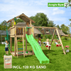 Jungle Gym Chalet leikkitornikokonaisuus ja Swing Module X'tra, 120 kg hiekkaa sekä vihreä liukumäki