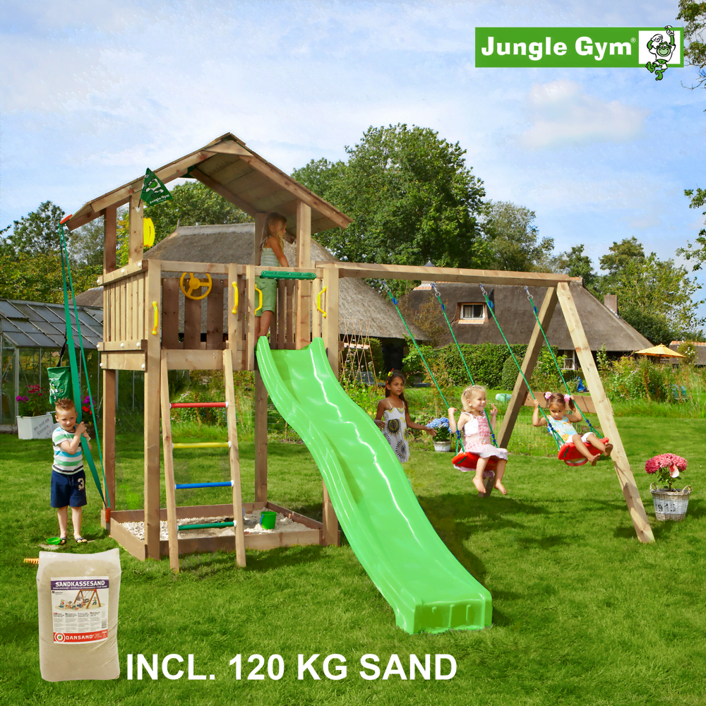 Jungle Gym Chalet leikkitornikokonaisuus ja Swing Module X'tra, 120 kg hiekkaa sekä vihreä liukumäki