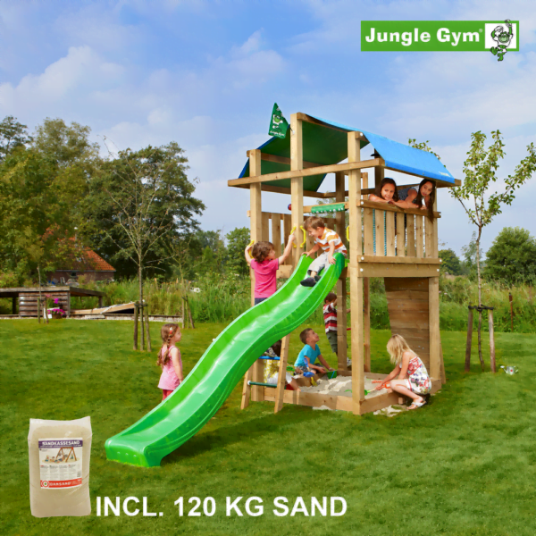 Jungle Gym Fort leikkitornikokonaisuus ja 120 kg hiekkaa sekä vihreä liukumäki