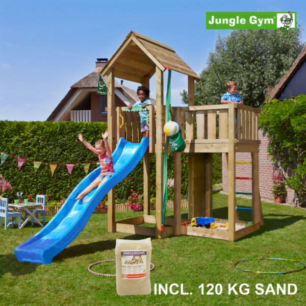 Jungle Gym Mansion leikkitornikokonaisuus ja 120 kg hiekkaa sekä sininen liukumäki