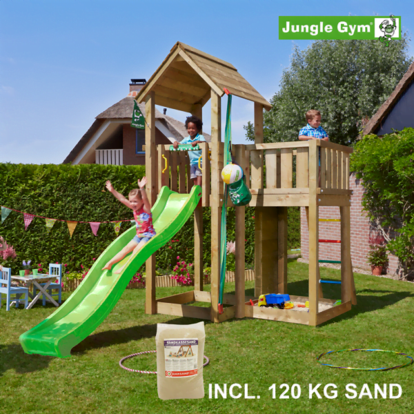 Jungle Gym Mansion leikkitornikokonaisuus ja 120 kg hiekkaa sekä vihreä liukumäki