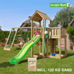 Jungle Gym Mansion leikkitornikokonaisuus ja Climb Module X'tra, 120 kg hiekkaa sekä vihreä liukumäki