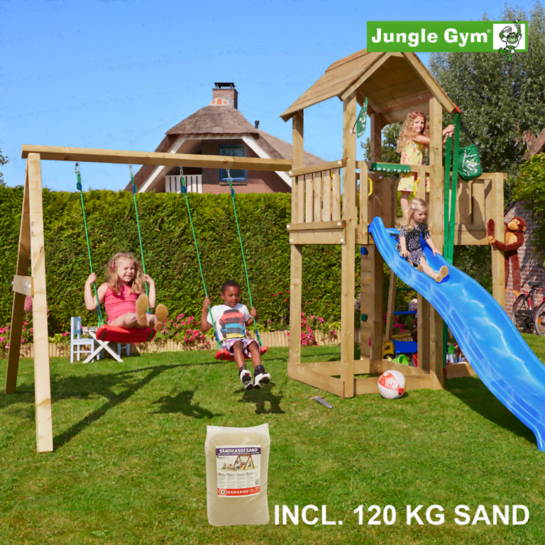 Jungle Gym Mansion leikkitornikokonaisuus ja Swing Module X'tra, 120 kg hiekkaa sekä sininen liukumäki