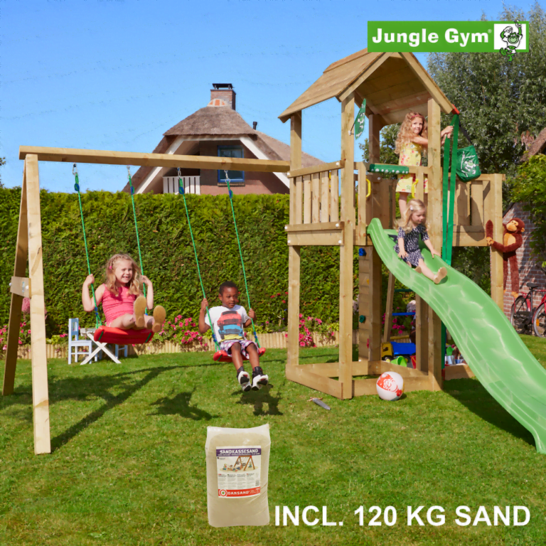 Jungle Gym Mansion leikkitornikokonaisuus ja Swing Module X'tra, 120 kg hiekkaa sekä vihreä liukumäki