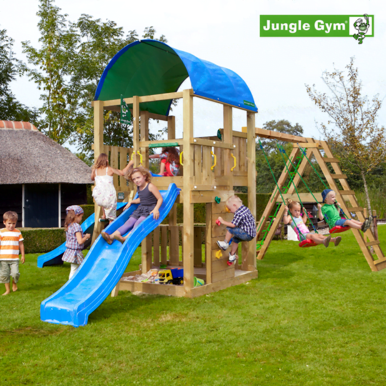 Jungle Gym Farm leikkitornikokonaisuus ja Climb Module X'tra sekä liukumäki