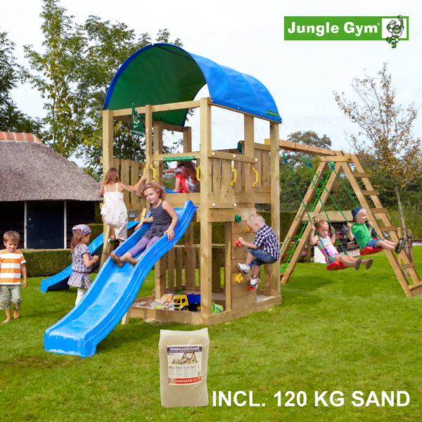 Jungle Gym Farm leikkitornikokonaisuus ja Climb Module X'tra, 120 kg hiekkaa sekä sininen liukumäki
