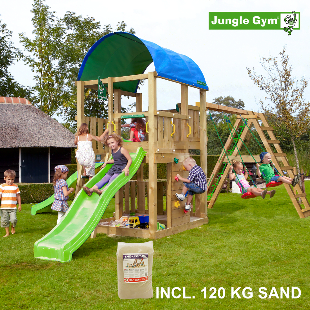 Jungle Gym Farm leikkitornikokonaisuus ja Climb Module X'tra, 120 kg hiekkaa sekä vihreä liukumäki