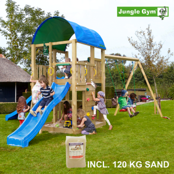 Jungle Gym Farm leikkitornikokonaisuus ja Swing Module X'tra, 120 kg hiekkaa sekä sininen liukumäki