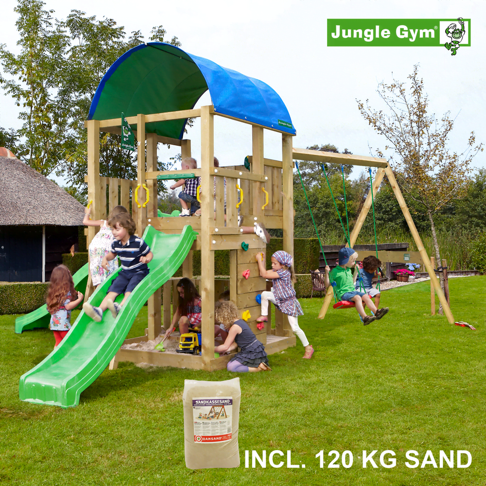 Jungle Gym Farm leikkitornikokonaisuus ja Swing Module X'tra, 120 kg hiekkaa sekä vihreä liukumäki