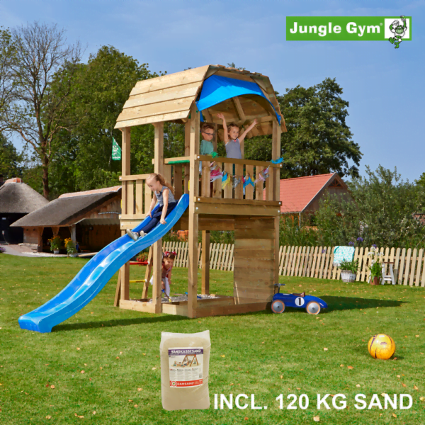 Jungle Gym Barn leikkitornikokonaisuus ja 120 kg hiekkaa sekä sininen liukumäki