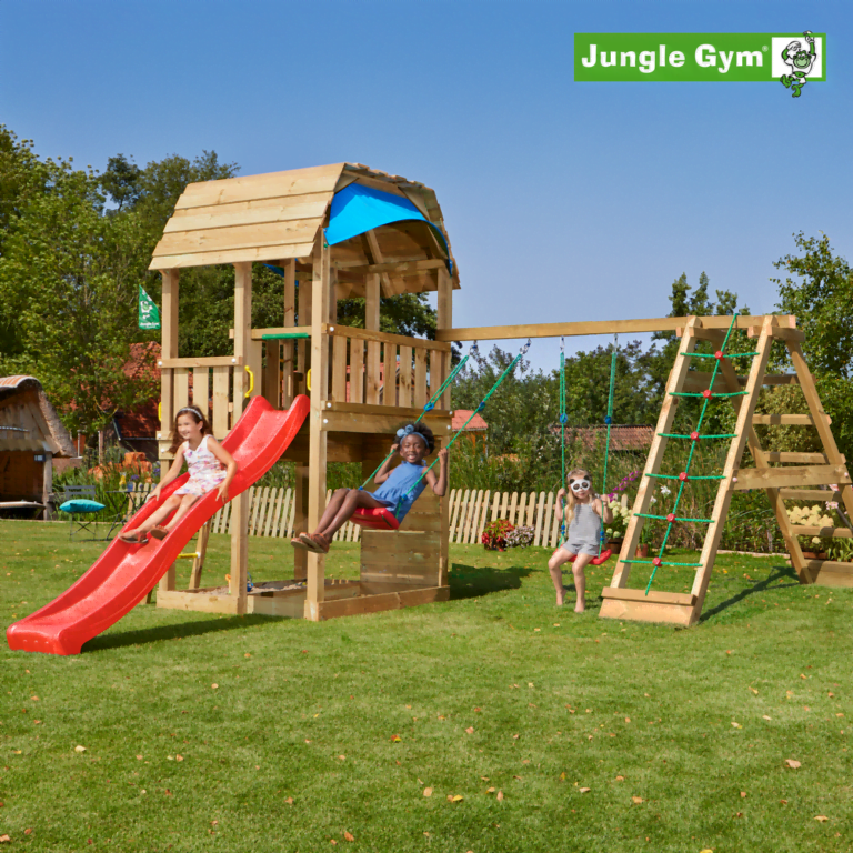 Jungle Gym Barn leikkitornikokonaisuus ja Climb Module X'tra sekä liukumäki